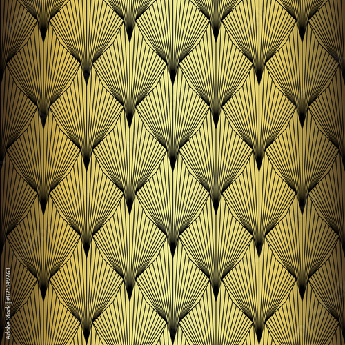 Art Deco Wallpaper. Black and gold seamless pattern in roaring twenties style. Line art deco background for interior design. Elegant art deco type