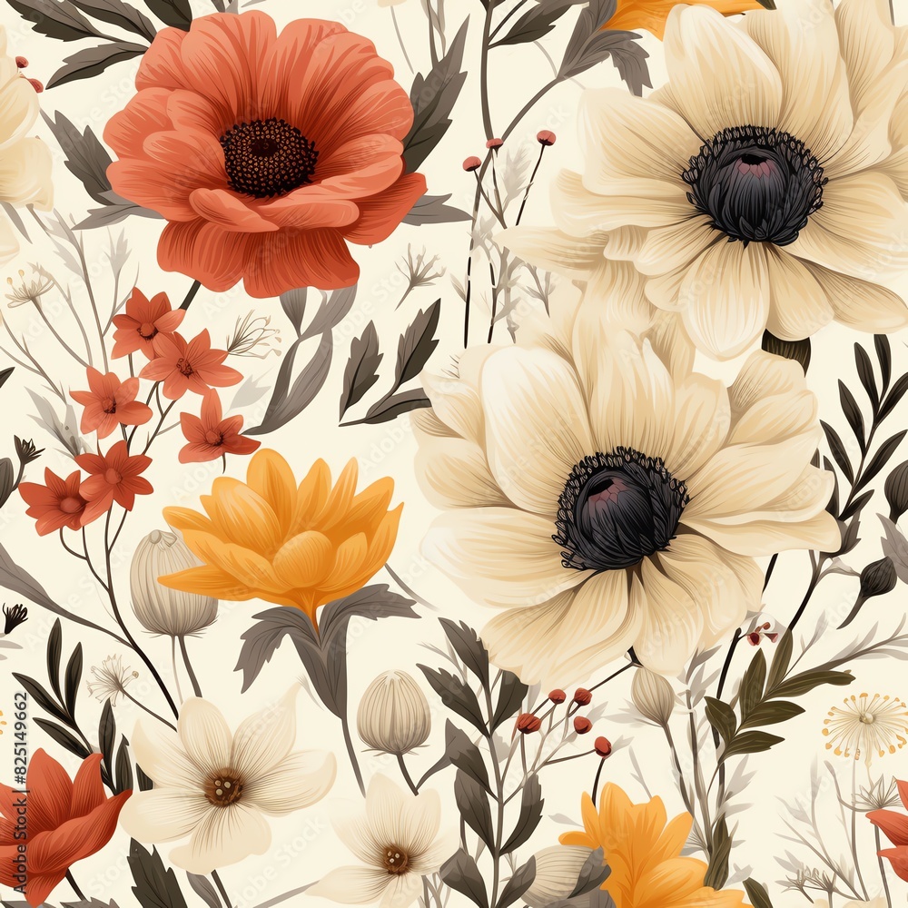 Rustic Floral Pattern: A seamless pattern with wildflowers and rustic elements like burlap textures and muted, natural colors. Rustic Floral Pattern: A seamless pattern with wildflowers and rustic elements like burlap textures and muted, natural colors.