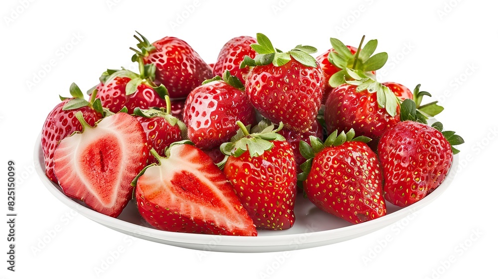 big round strawberry Cut several balls in half. piled together on a white plate big round strawberry Cut several balls in half. piled together on a white plate