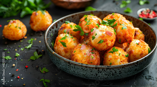 Golden Brown Spanish Croquetas with Creamy B?chamel and Ham   Luxurious Appetizer Concept photo