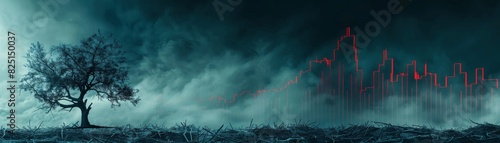 A dead tree under a dark, cloudy sky with a downward financial graph, financial decline theme, highquality, sharp and vivid, detailed and professional image.