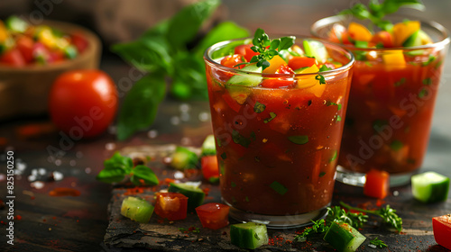 Wallpaper Mural Glossy Spanish Gazpacho Shooter: Vibrant Soup Filled Glasses with Fresh Vegetables  Herbs Torontodigital.ca