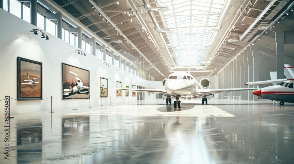 A large airplane is parked inside a modern hangar with paintings of other airplanes on the walls. A large airplane is parked inside a modern hangar with paintings of other airplanes on the walls.