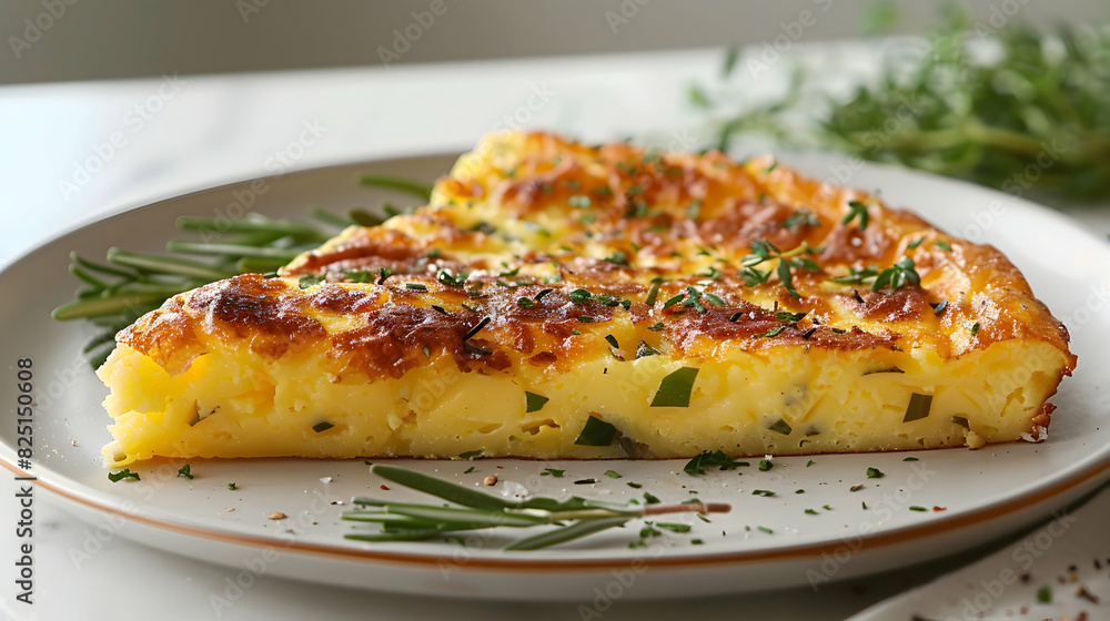 A Slice of Glossy Spanish Omelette: Photo realistic Concept with Golden Brown Crust and Fluffy Interior on a Chic Plate A Slice of Glossy Spanish Omelette: Photo realistic Concept with Golden Brown Crust and Fluffy Interior on a Chic Plate