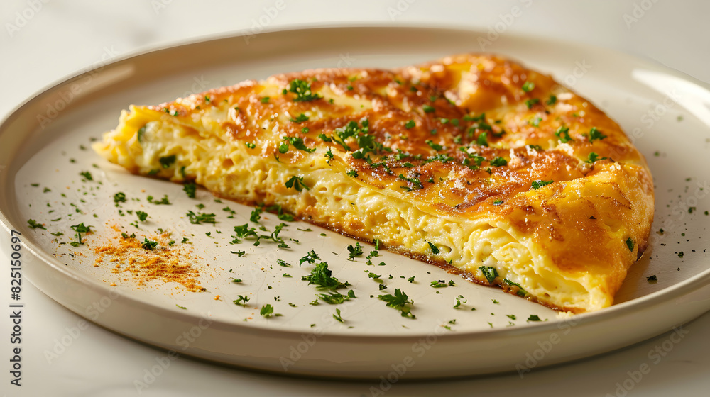A Slice of Glossy Spanish Omelette Photo Realistic Concept Featuring Golden Brown Crust and Fluffy Interior on Chic Plate A Slice of Glossy Spanish Omelette Photo Realistic Concept Featuring Golden Brown Crust and Fluffy Interior on Chic Plate