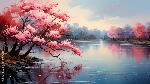An evening lake where the spring sky is reflected, and cherry trees in bloom on the shore. Generative AI photo