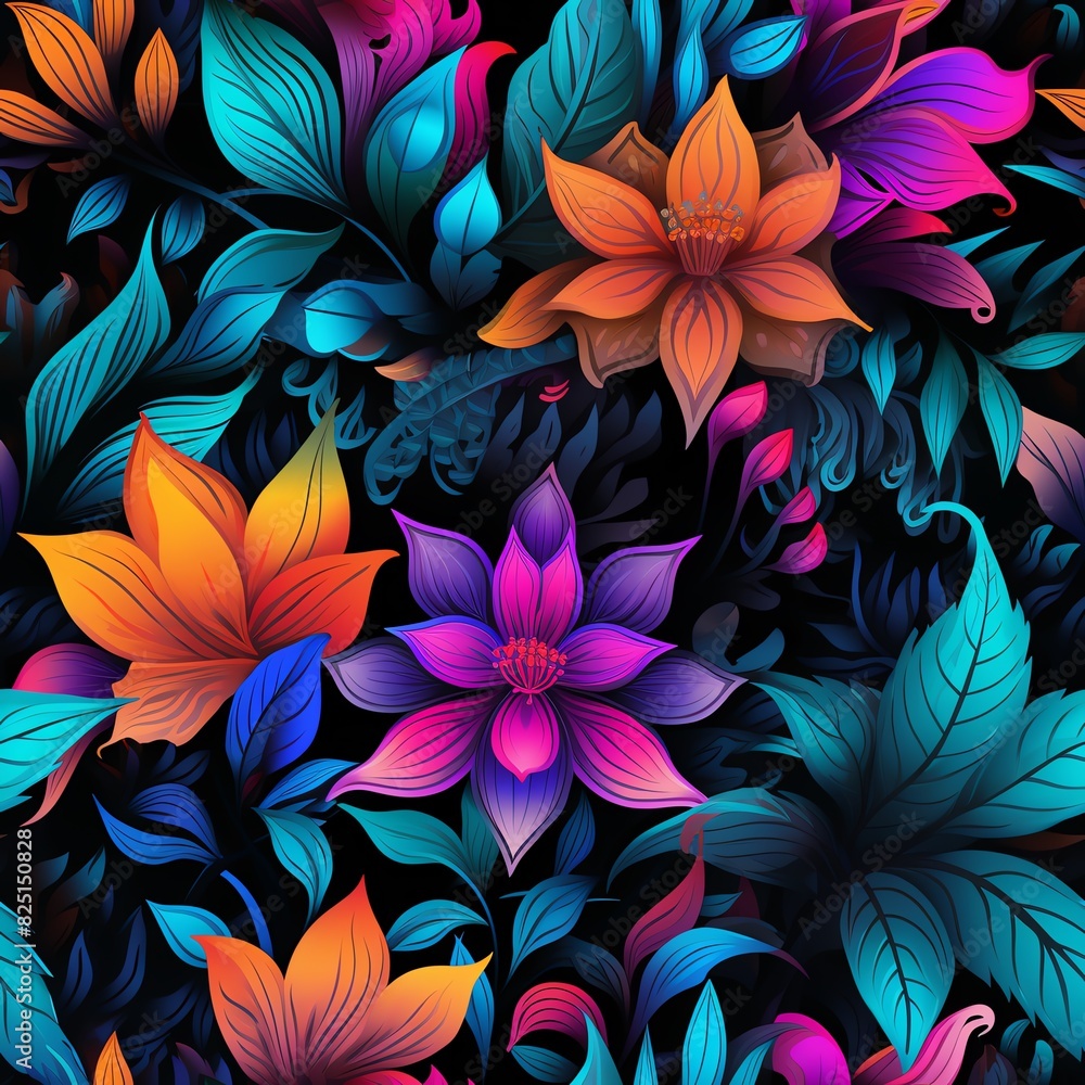 Neon Floral Pattern: A seamless pattern with bright, neon flowers and leaves, creating a vibrant, eye-catching design. Neon Floral Pattern: A seamless pattern with bright, neon flowers and leaves, creating a vibrant, eye-catching design.