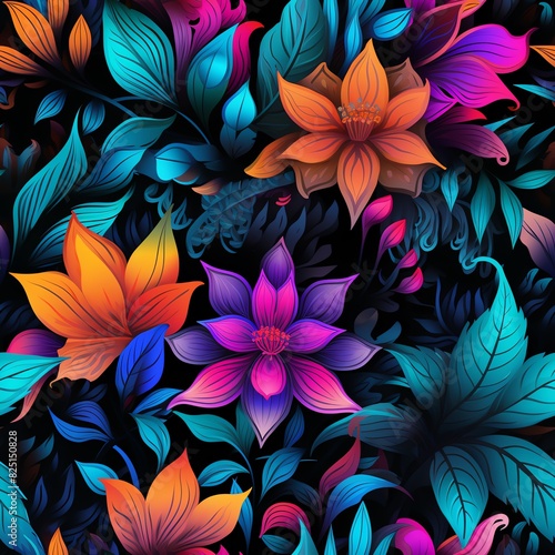 Neon Floral Pattern  A seamless pattern with bright  neon flowers and leaves  creating a vibrant  eye-catching design.