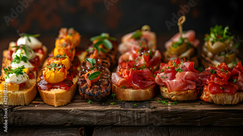 Luxurious Photo Realistic Spanish Pintxos Selection on Glossy Plate Assorted Toppings and Flavors for Artistic Culinary Presentation