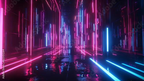 futuristic neon abstract background glowing fluorescent lines in dark room virtual data transfer energy concept 3d render
