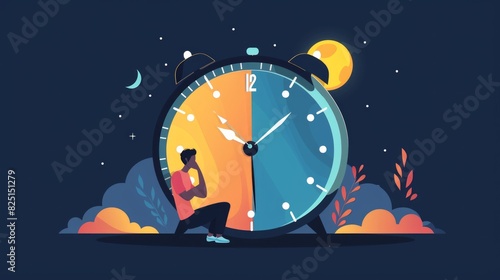 Person near clock, changing day and night circle, day and might routine, circadian rhythm, time for rest and work concepts