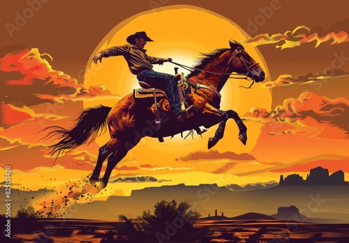 A cartoon-like cowboy in detailed western gear rides a dynamic bucking horse with distinct markings against an action-packed sunset backdrop.
