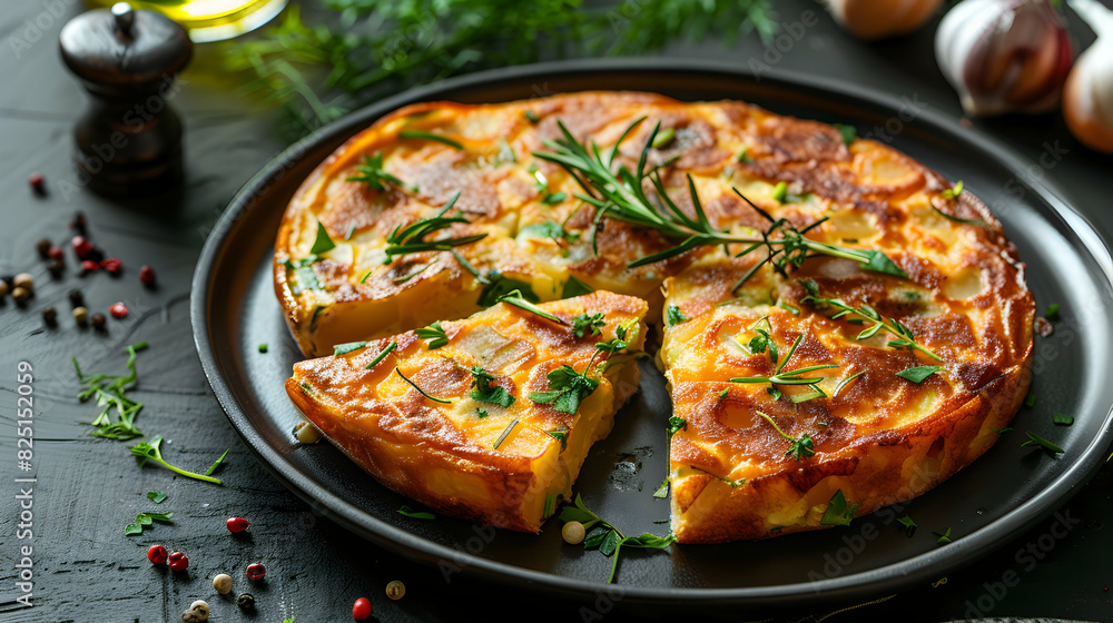 Luxurious Spanish Tortilla Slices on Sleek Plate with Herbs Photo Realistic Concept of Traditional and Glossy Potato Omelette Dish Luxurious Spanish Tortilla Slices on Sleek Plate with Herbs Photo Realistic Concept of Traditional and Glossy Potato Omelette Dish