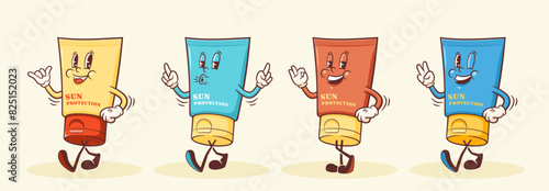 Groovy Sunscreen Cream Retro Characters Collection. Cartoon Sun UV Protection Tube Walking Smiling Vector Summer Mascot Templates Set. Happy Vintage Beach Personage Illustrations Isolated
