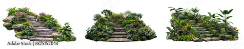 Stone steps leading to an elevated area with covering stones and green leaves collection for garden design  pathways