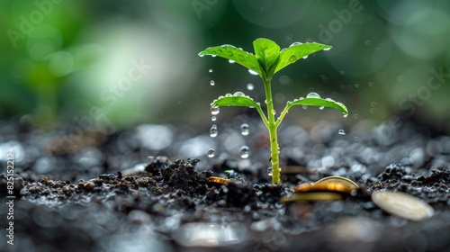 A small seedling being watered with droplets, surrounded by scattered coins, financial investment concept, isolated on white, copy space, sharp and vivid, professional stock photo.