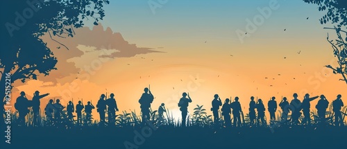 Minimalist Memorial Day Background with Silhouetted Armed Forces Saluting Against Dramatic Sunset Landscape