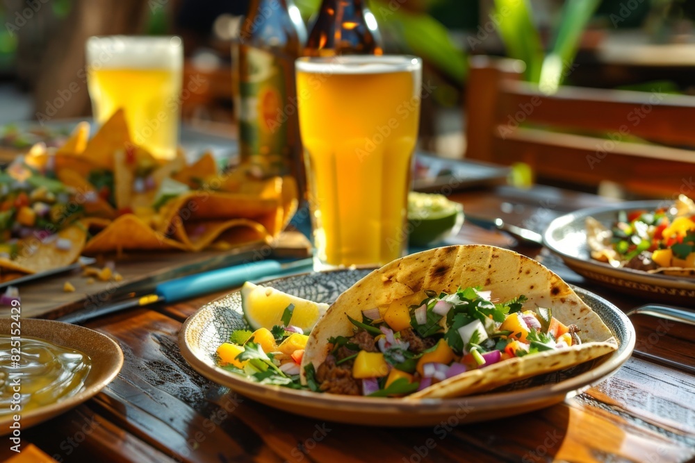 Festive spread including tacos, spicy plum salsa, nachos, avocado dip, and citrus brew to celebrate cinco de mayo Festive spread including tacos, spicy plum salsa, nachos, avocado dip, and citrus brew to celebrate cinco de mayo