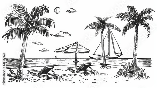 A beach scene with palm trees and a body of water