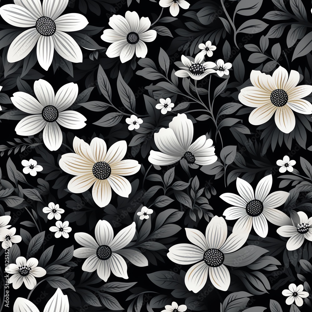 Monochrome Floral Pattern: A seamless pattern with black and white floral illustrations, emphasizing contrast and simplicity.