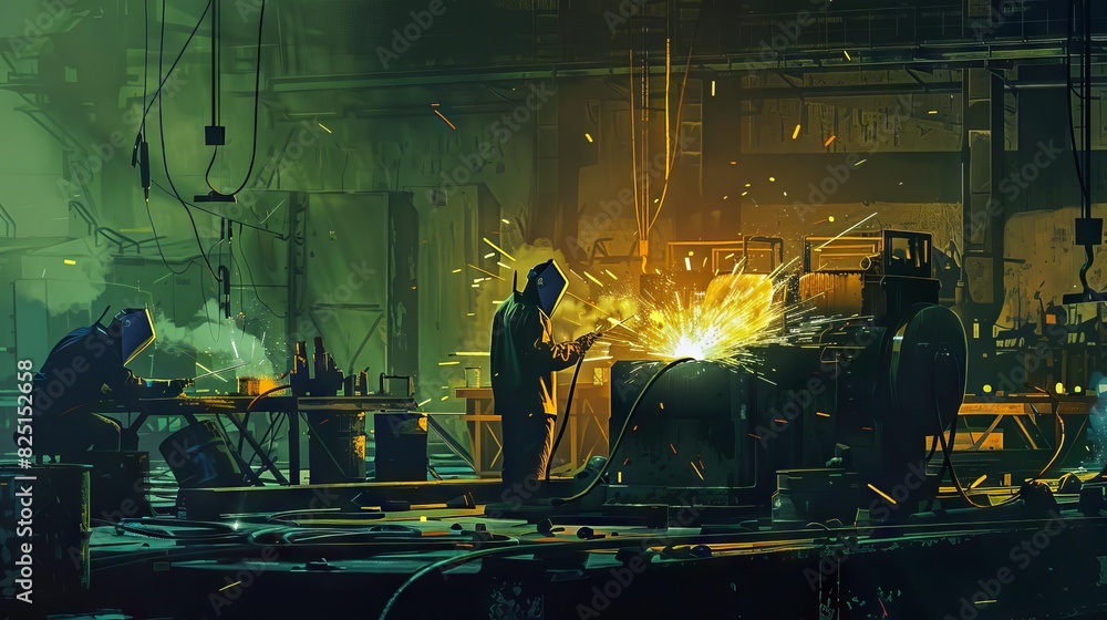 gritty industrial scene of welders at work dramatic lighting and flying sparks realistic digital painting gritty industrial scene of welders at work dramatic lighting and flying sparks realistic digital painting