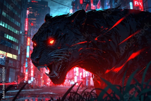 A tiger with red eyes and a red stripe on its face is shown in a city setting