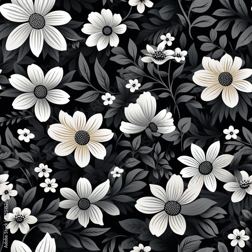 Monochrome Floral Pattern  A seamless pattern with black and white floral illustrations  emphasizing contrast and simplicity.