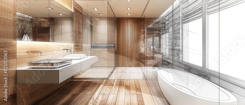 Modern Bathroom Design Sketch with Sunlight..