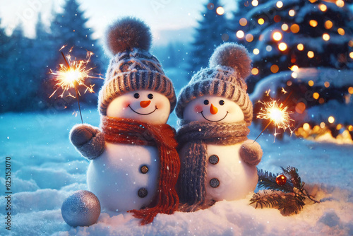 Two happy smiling snowmen sparkler candle party woolen hat scarf fir Christmas trees ligths. Bengal fire.