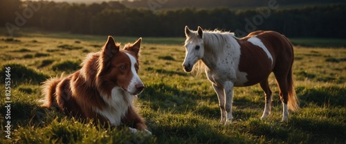  Red border collie dog and horse photo