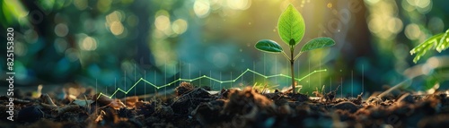 A new seedling growing in a forest with an upward financial graph behind it, representing financial success, high resolution, detailed and vivid, sharp and professional.