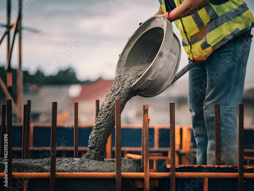 Trabajador vertiendo cemento en la construcción