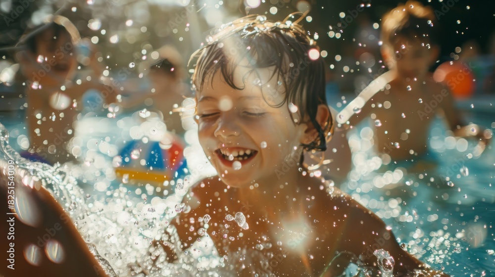 Joyful Children Playing in Swimming Pool, Splashing Water and Smiling on a Sunny Summer Day
