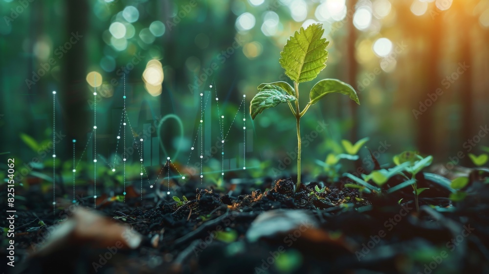 A tiny seedling sprouting in a forest with an upward financial graph behind it, symbolizing economic growth, high resolution, sharp detail, professional and vibrant image. A tiny seedling sprouting in a forest with an upward financial graph behind it, symbolizing economic growth, high resolution, sharp detail, professional and vibrant image.
