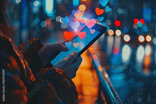 Close up of a woman s hand using a smartphone with social media icons floating on the screen  including like and heart symbols in a city street background at night.