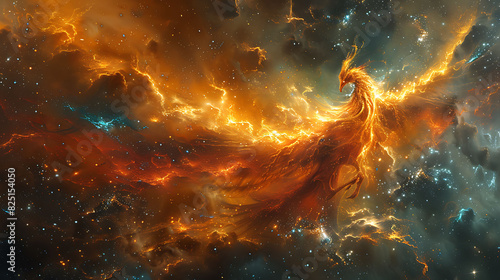 ethereal printable mural of a celestial phoenix rising from a sea of stars suited for adorning the ceiling of a planetarium inspiring awe and wonder in stargazers photo