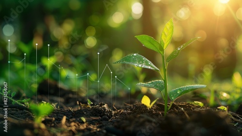 A green seedling sprouting in a forest with an upward financial graph behind it  financial prosperity theme  sharp and vivid  highquality  professional stock photo.