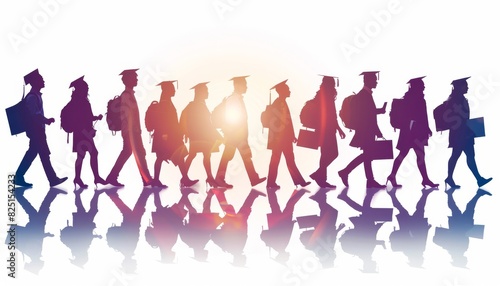 Silhouette of a group or class of students walking in a line at a graduation ceremony in sunset light against a white background. Conceptual celebrating education and success after years