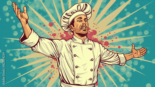 Pop art concept. The restaurant chef is wearing his white uniform. Colorful background in pop art retro comic style. 
