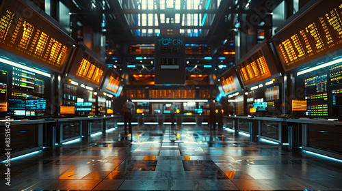 Dynamic shot of vibrant trading floor with stock tickers, traders, and high energy market environment photo