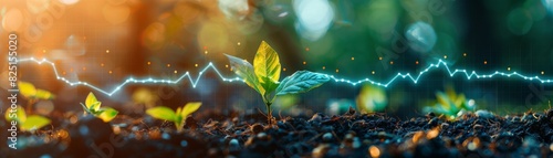 A vibrant seedling emerging in a forest with an upward financial graph behind it, economic growth concept, sharp detail, high resolution, professional and vivid image. photo