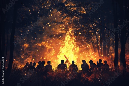 Intense Bonfire Illuminating Dark Silhouettes of People in Forest Clearing.