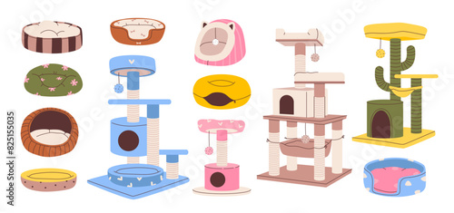 Scratching posts, beds and houses for cats. Accessories for pet sleep and play. Vector illustration set
