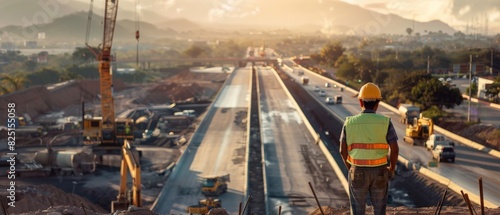 The photo shows a construction worker standing on a bridge under construction. photo