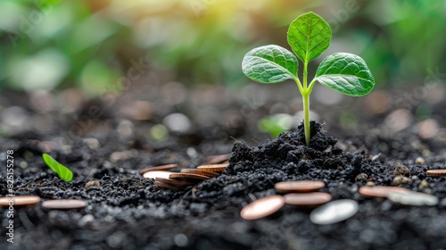 A small green seedling growing in dark, moist soil with coins scattered around, financial growth metaphor, isolated on white, copy space, crisp detail, professional stock photo qua photo
