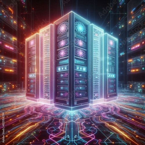 Futuristic Quantum Computing Data Center - High-Tech Server Room with Advanced Technology Visualization photo