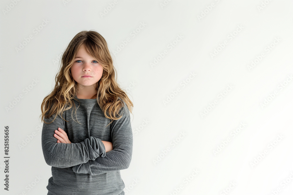 A serious-looking young girl with long, wavy hair wearing a gray sweater, standing against a plain background. A serious-looking young girl with long, wavy hair wearing a gray sweater, standing against a plain background.