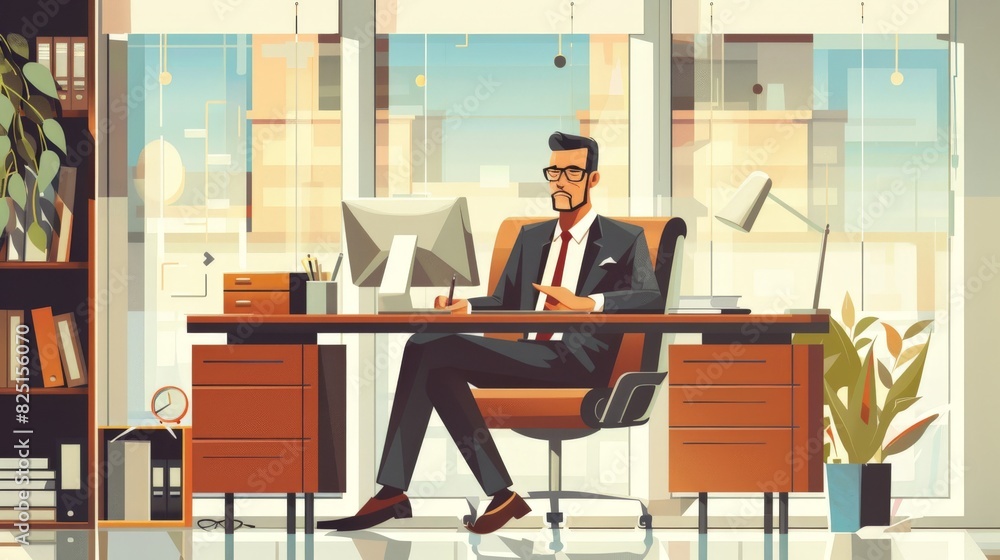 Illustration of a corporate leader in a 2D flat style, seated at an executive desk with minimalistic office decor, representing corporate success and professional management. Illustration of a corporate leader in a 2D flat style, seated at an executive desk with minimalistic office decor, representing corporate success and professional management.