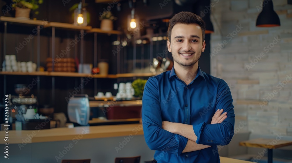 Obraz premium Portrait of young handsome smiling business guy wearing gray shirt and glasses, feeling confident with crossed arms, isolated on white background