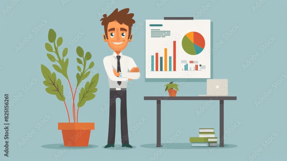 A business leader character in a 2D flat style, presenting a business strategy in a professional setting, with a focus on simplicity and corporate strategy. A business leader character in a 2D flat style, presenting a business strategy in a professional setting, with a focus on simplicity and corporate strategy.